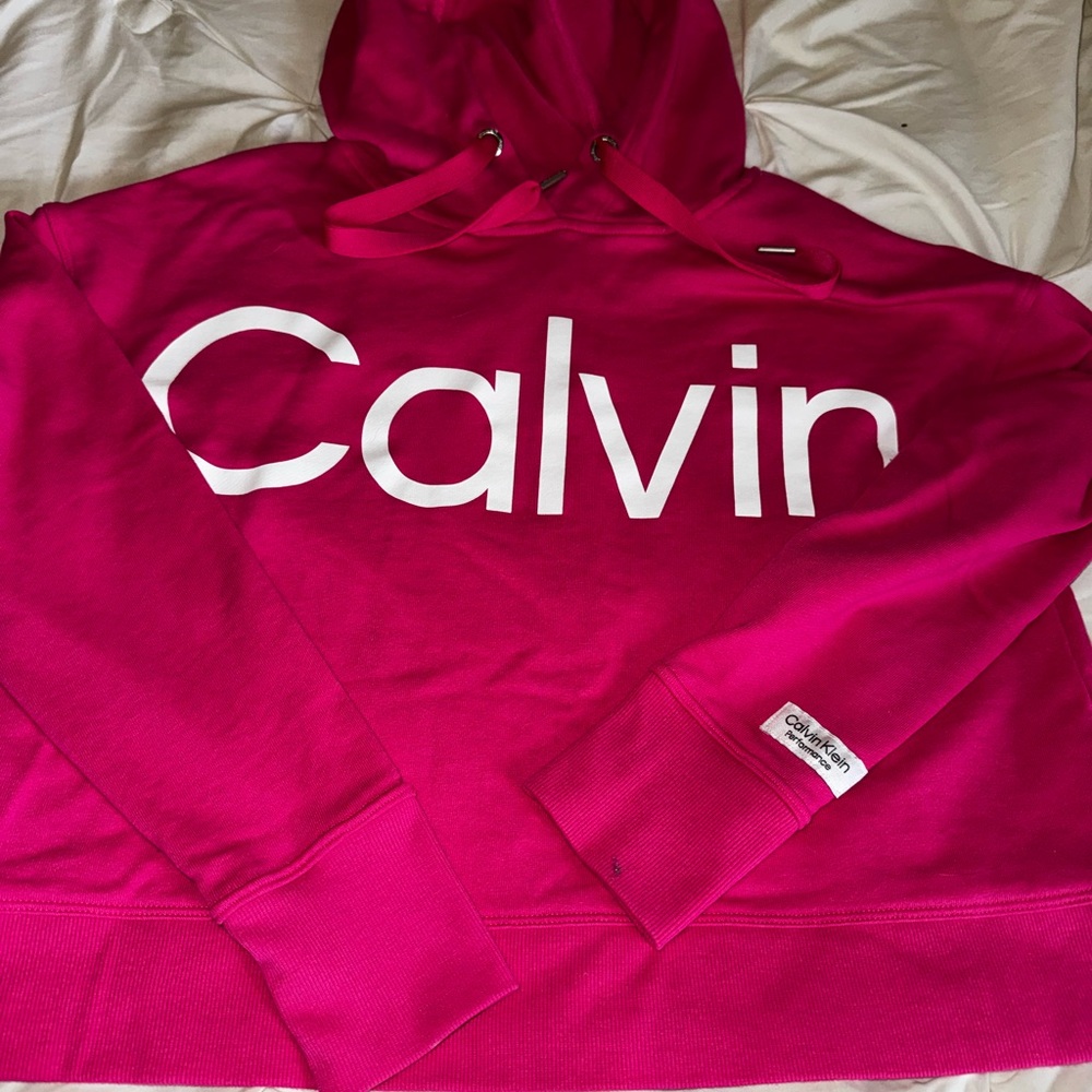 Calvin Klein Performance Pink Cropped Hoodie Sweatshirt Size M - Picture 2 of 7